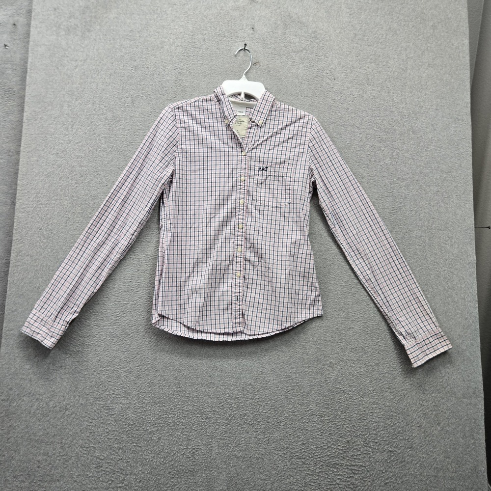 Abercrombie & Fitch Women Button Up Shirt M Pink Plaid Preppy Logo Long Sleeve